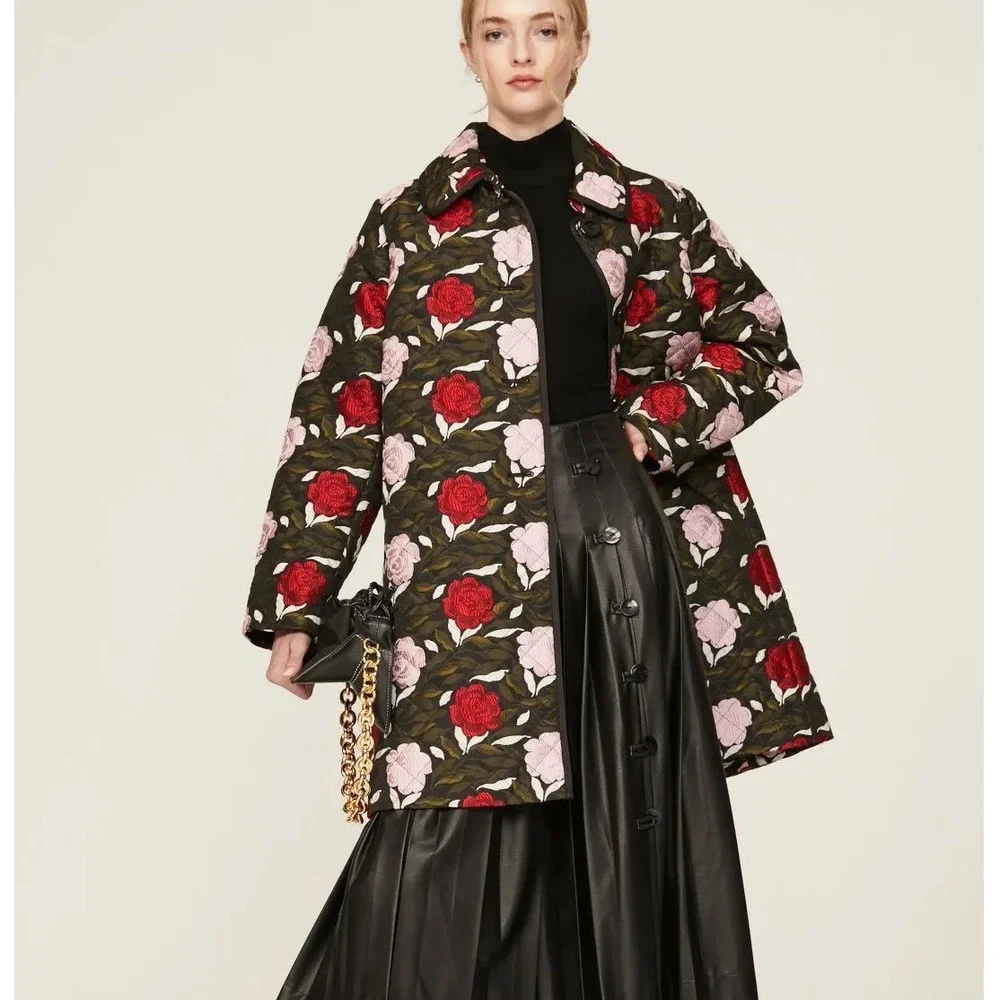 Kate Spade New York Sz XL Quilted Floral Rose Jacket Coat Black Pink Red